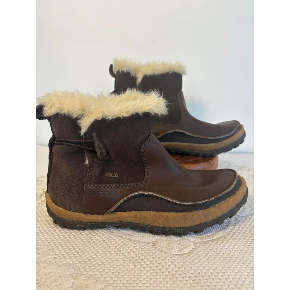 Merrell M-Select DRY Brown Leather gorpcore Suede Faux Fur Winter Boots  w-7.5